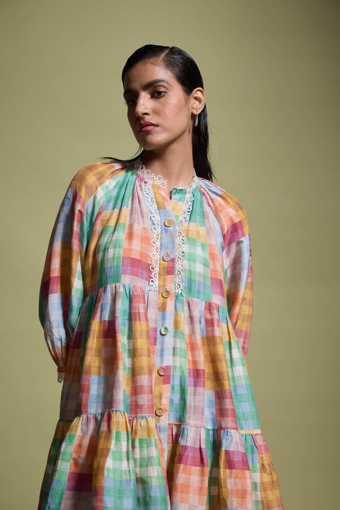 MULTICOLOUR CHECK TIERED MIDI DRESS - dash and dot dash and dot