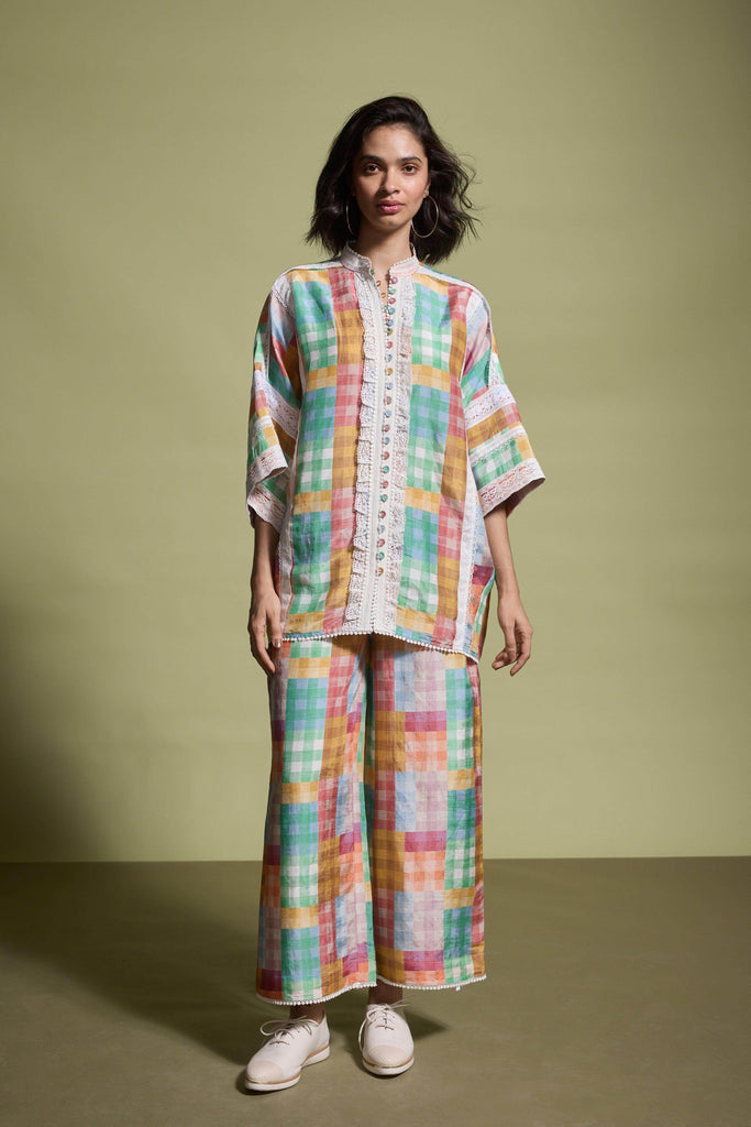 MULTICOLOUR CHECK AND LACE PANT - dash and dot dash and dot