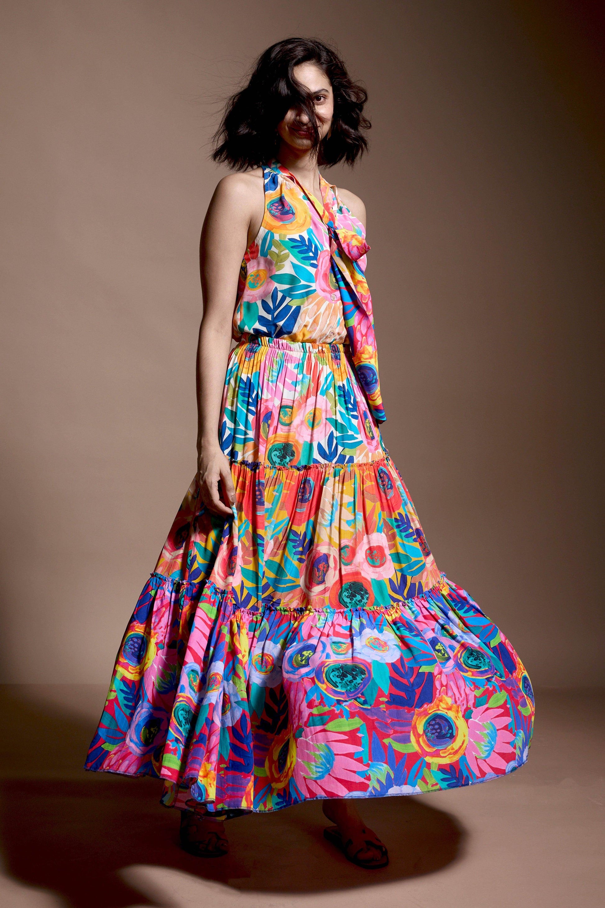 ABSTRACT FLORAL TIERED SKIRT SET - dash and dot