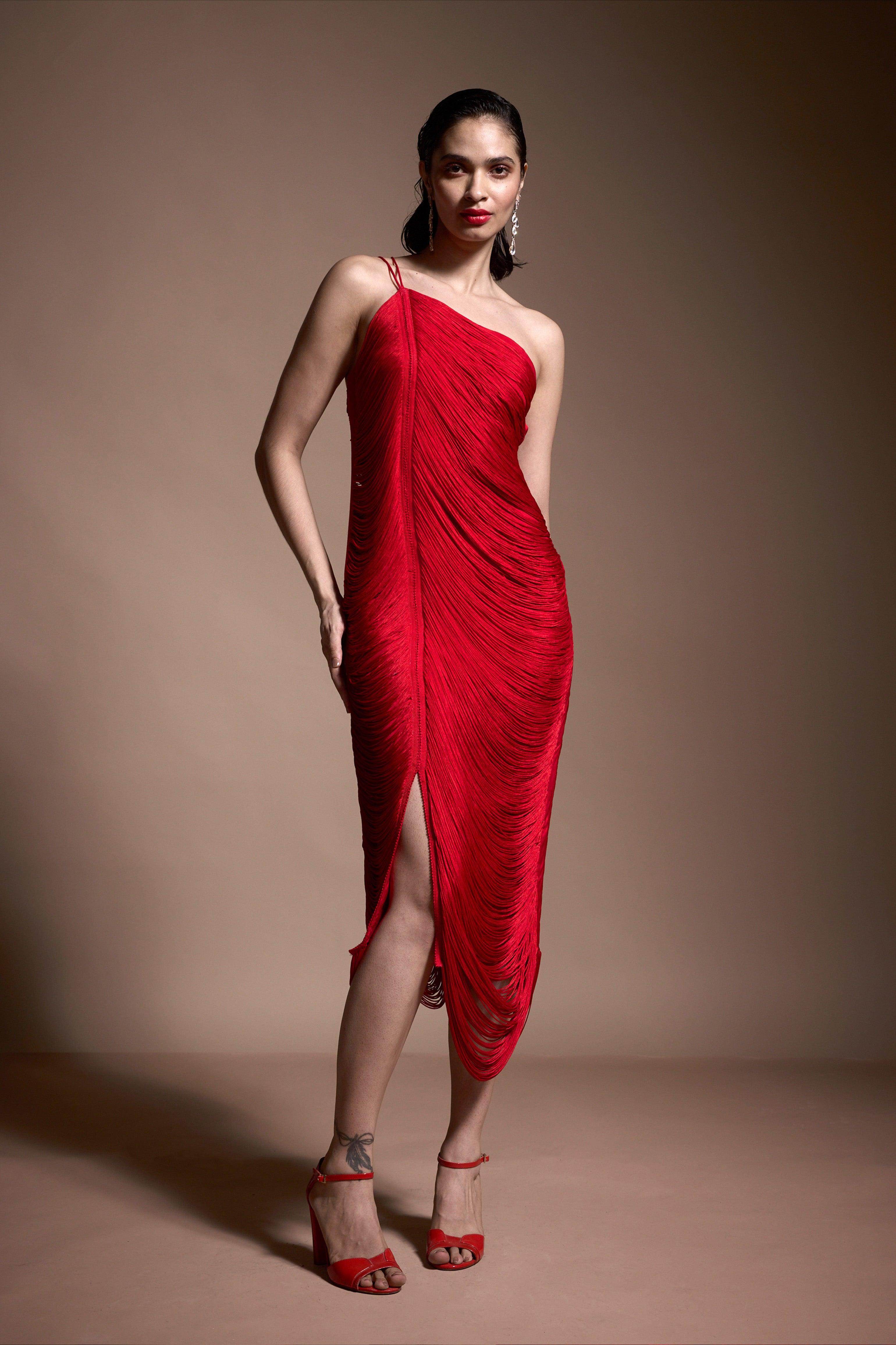RED FRINGE DRESS - L / Red RED FRINGE DRESS - L / Red