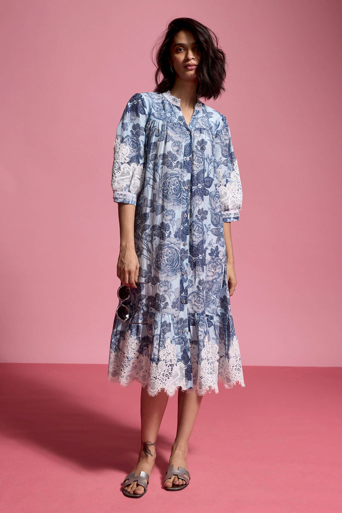 BLUE FLORAL LINEN MIDI - dash and dot dash and dot