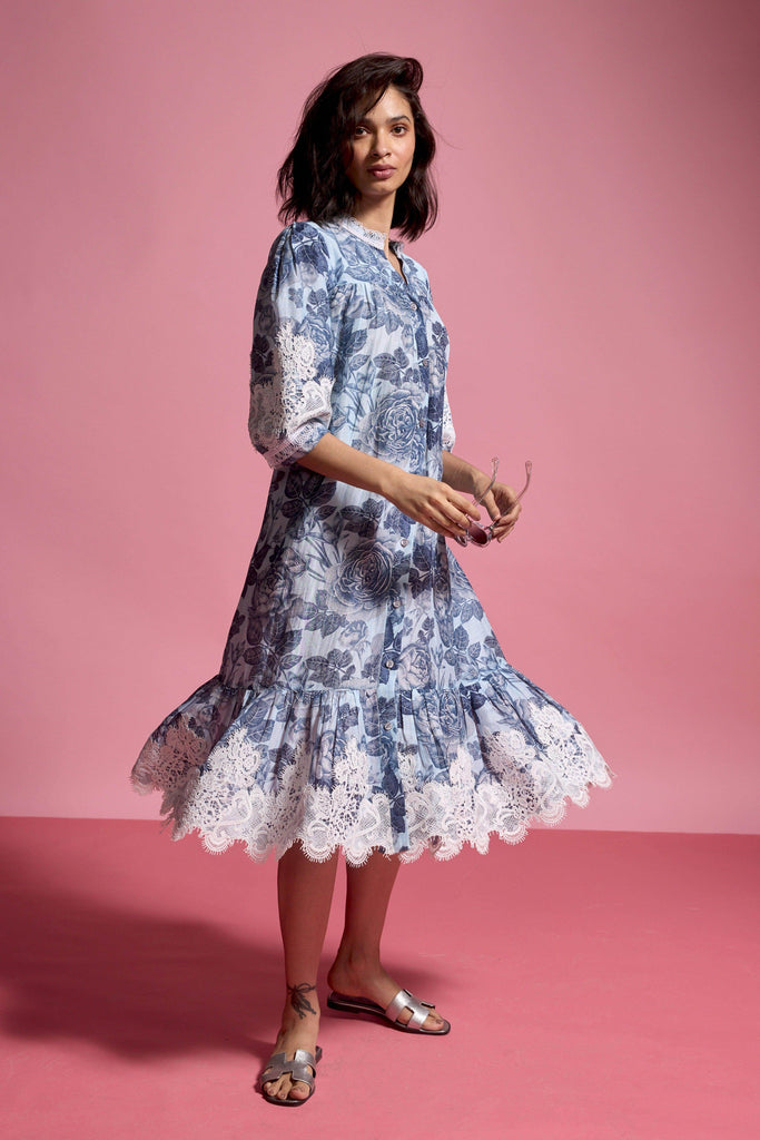 BLUE FLORAL LINEN MIDI - dash and dot dash and dot