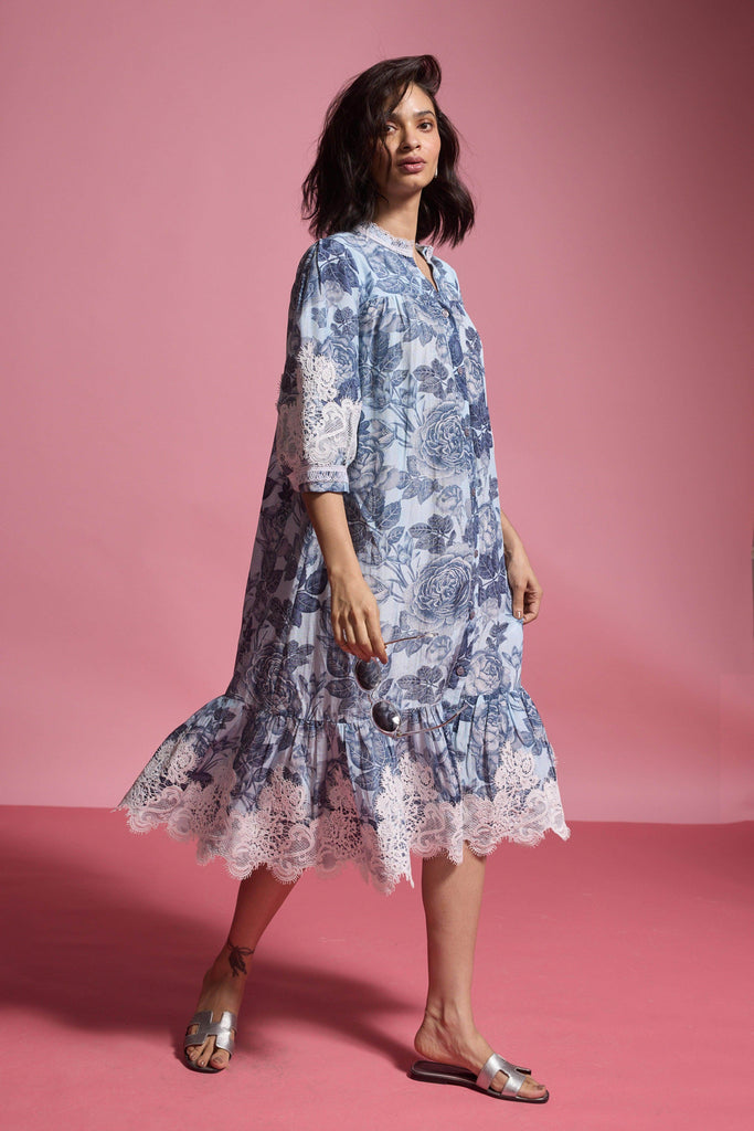 BLUE FLORAL LINEN MIDI - dash and dot dash and dot