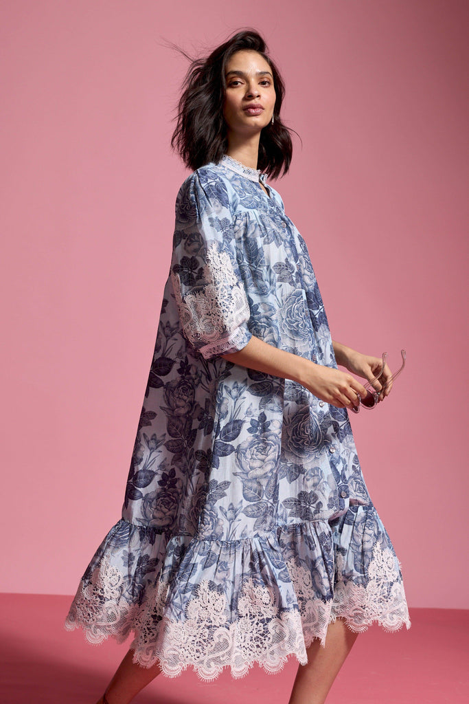 BLUE FLORAL LINEN MIDI - dash and dot dash and dot