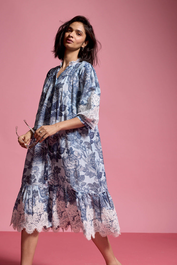 BLUE FLORAL LINEN MIDI - dash and dot dash and dot