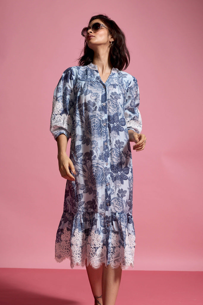 BLUE FLORAL LINEN MIDI - dash and dot dash and dot