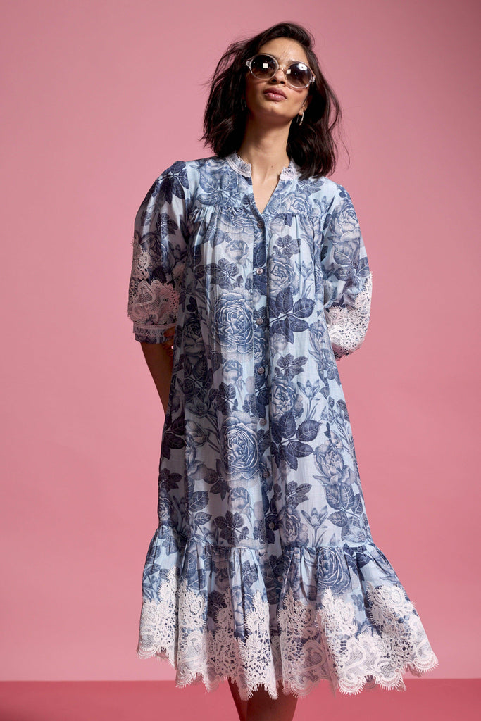 BLUE FLORAL LINEN MIDI - dash and dot dash and dot