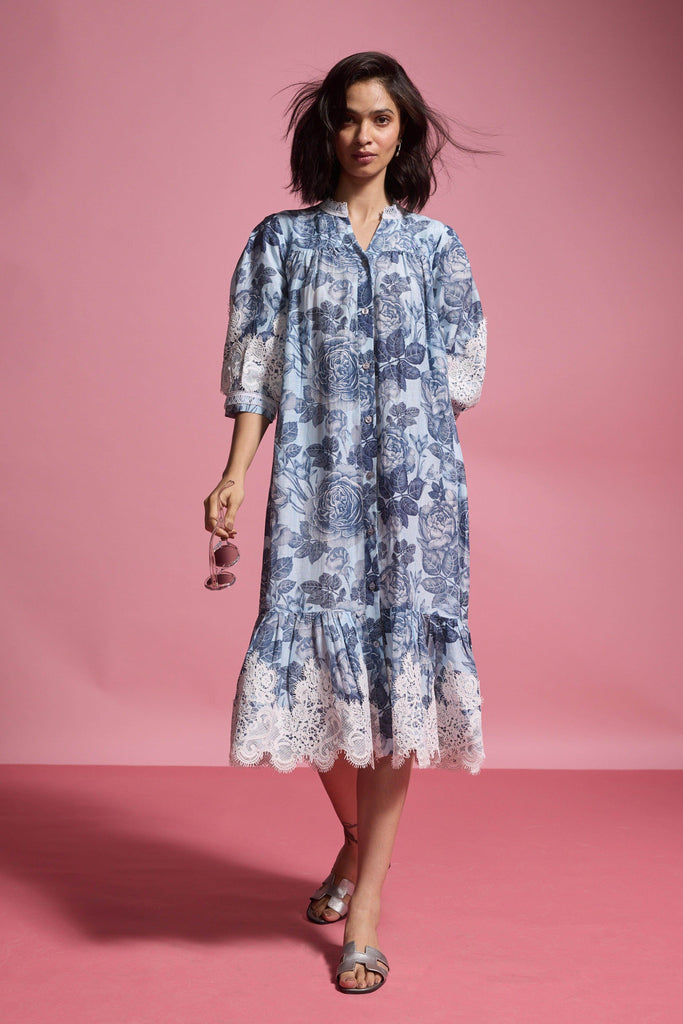 BLUE FLORAL LINEN MIDI - dash and dot dash and dot