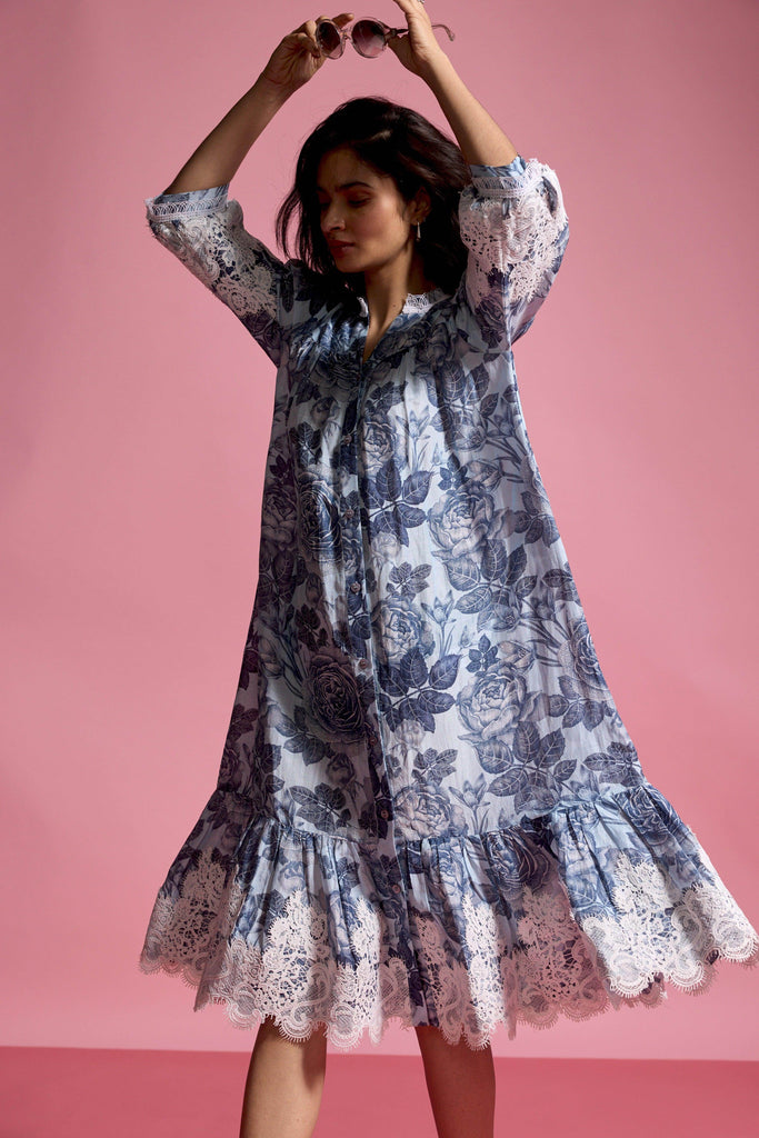 BLUE FLORAL LINEN MIDI - dash and dot dash and dot