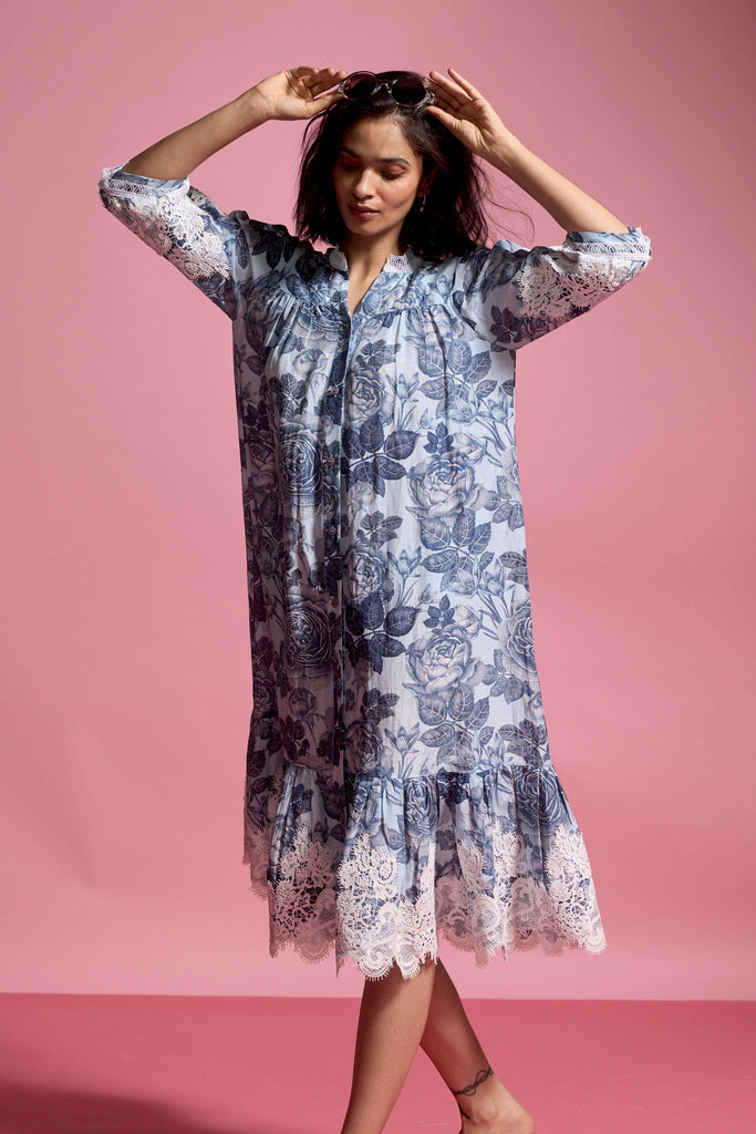 BLUE FLORAL LINEN MIDI - dash and dot dash and dot