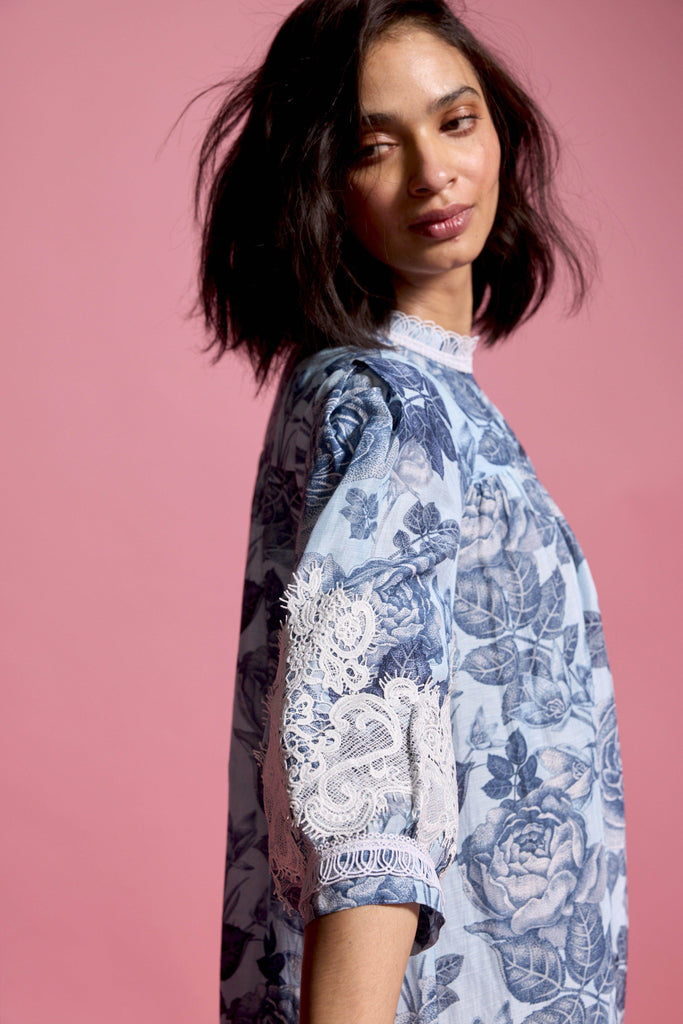 BLUE FLORAL LINEN MIDI - dash and dot dash and dot