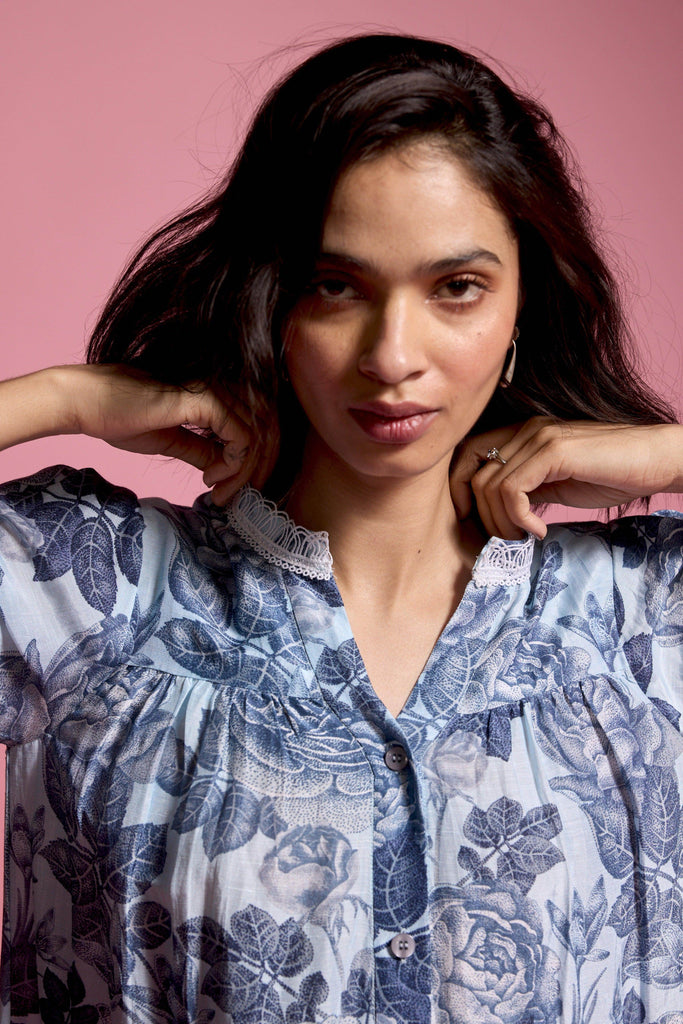 BLUE FLORAL LINEN MIDI - dash and dot dash and dot