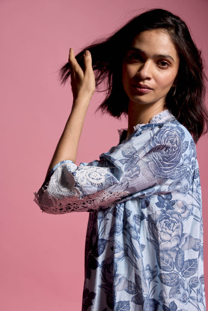 BLUE FLORAL LINEN MIDI - dash and dot dash and dot