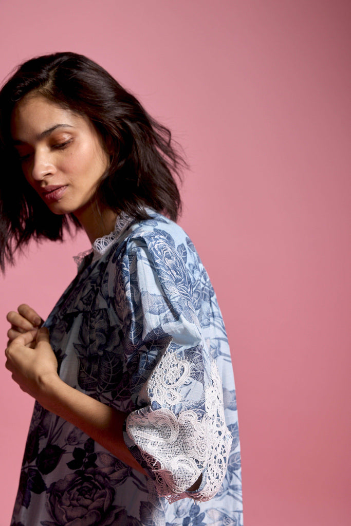 BLUE FLORAL LINEN MIDI - dash and dot dash and dot