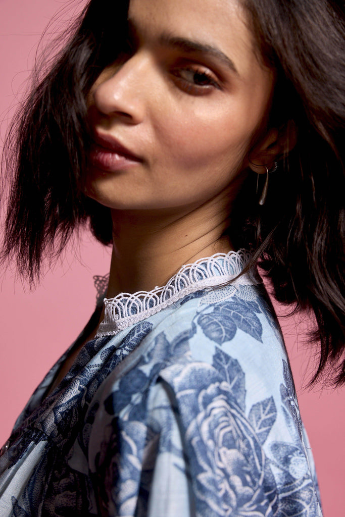 BLUE FLORAL LINEN MIDI - dash and dot dash and dot