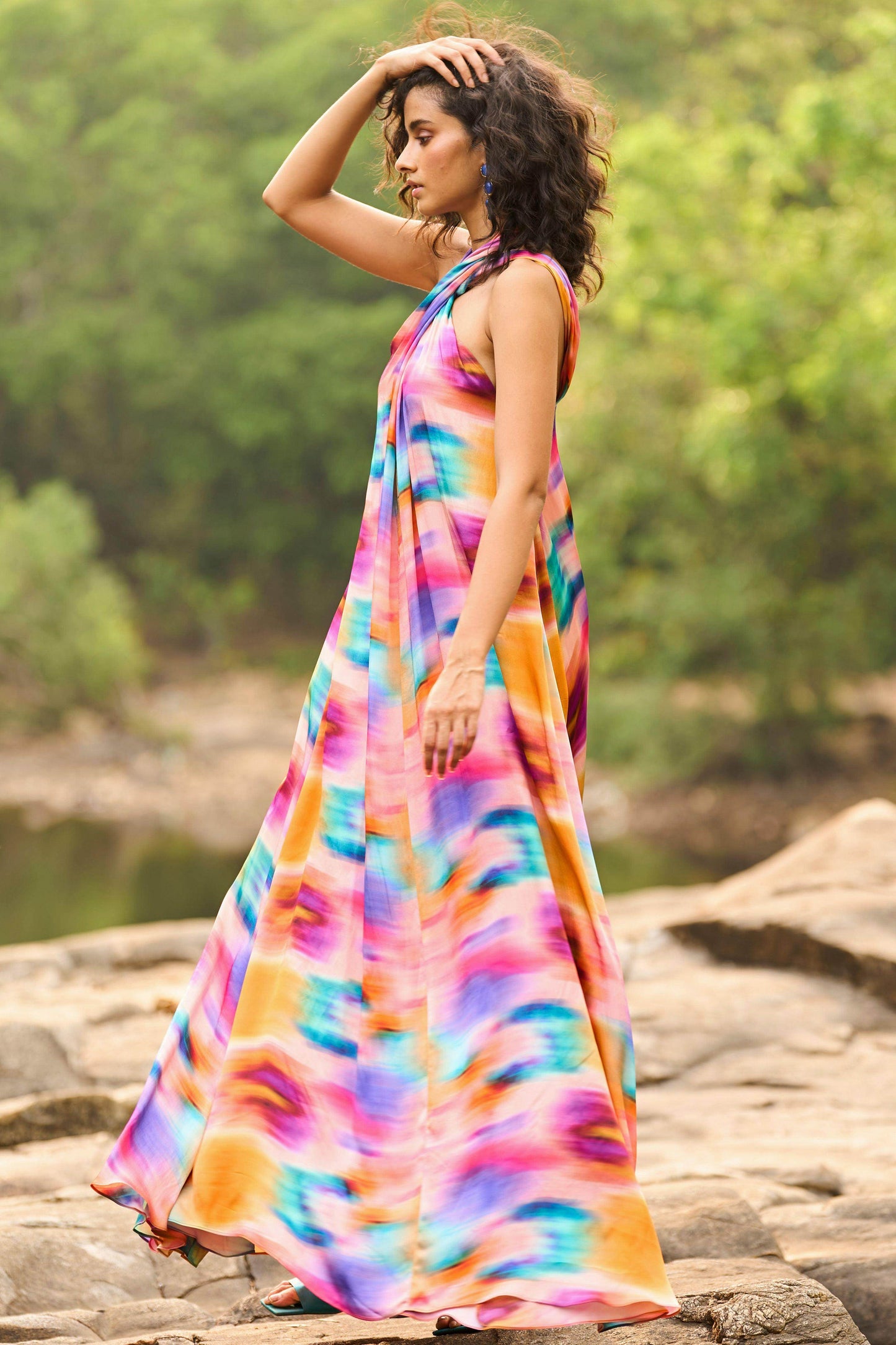 PRINTED HALTER FLARED DRESS - dash and dot