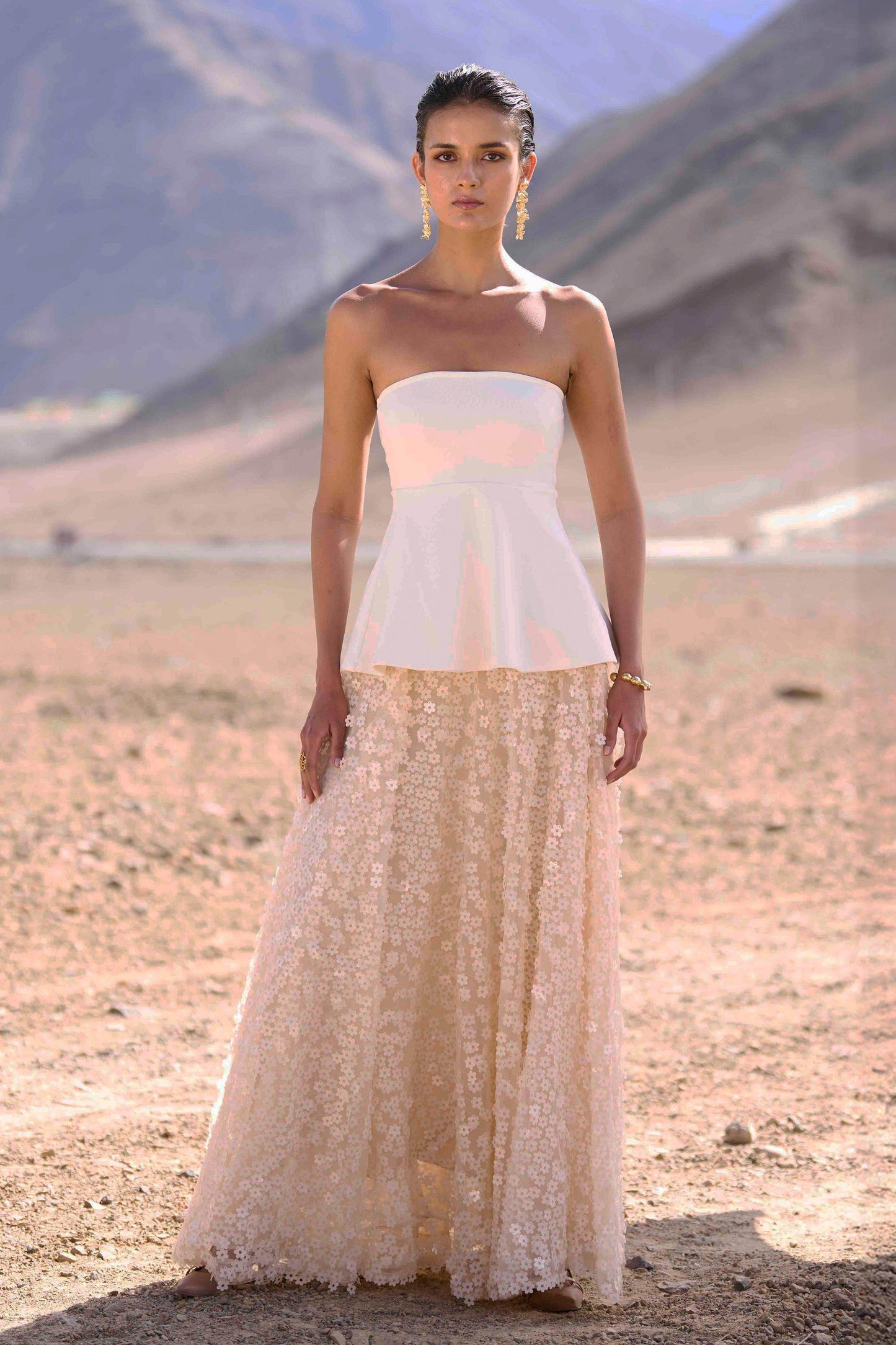 IVORY PEPLUM TOP & 3D FLORAL SEQUIN SKIRT - dash and dot