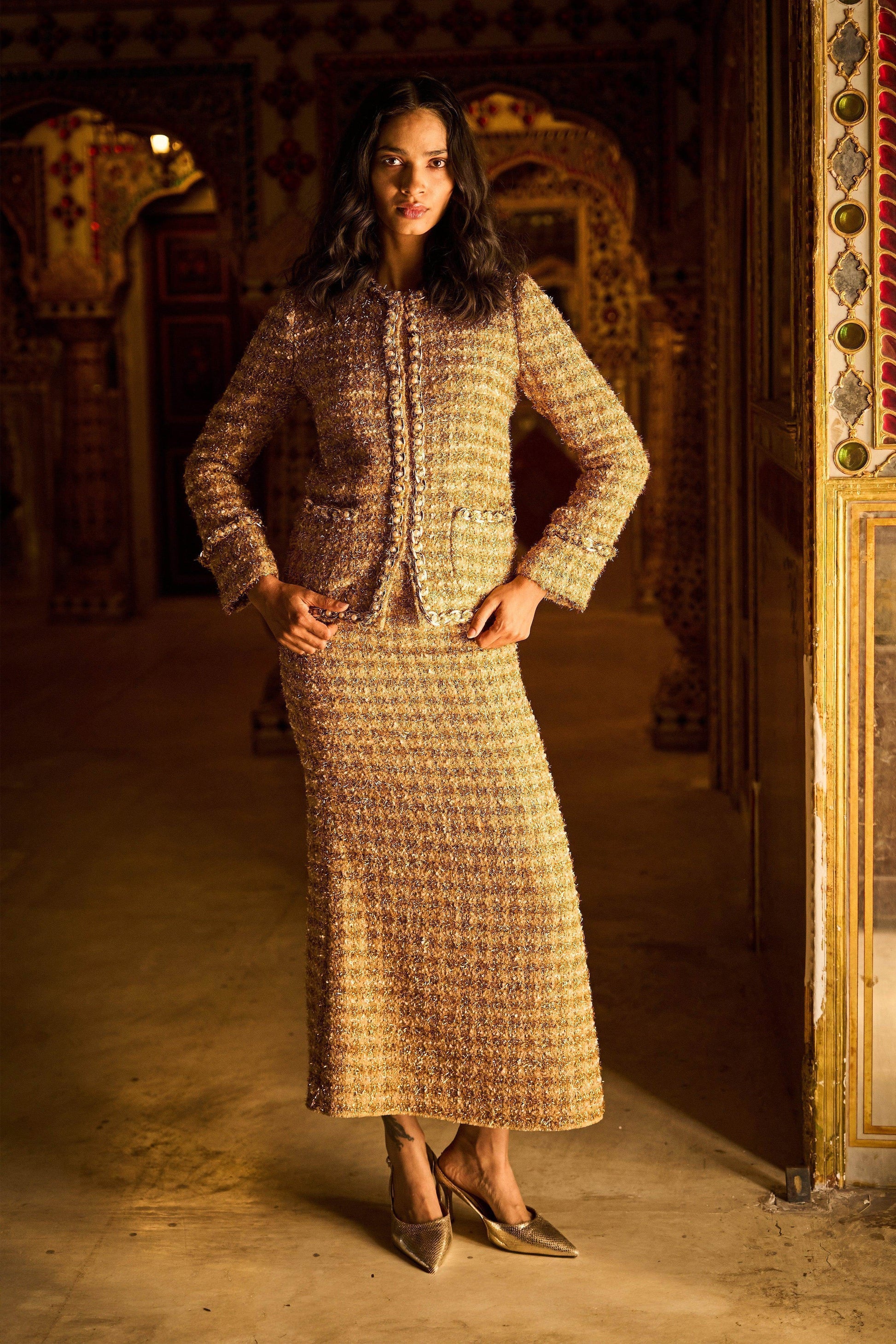 GOLD BOUCLÉ JACKET AND SKIRT - dash and dot