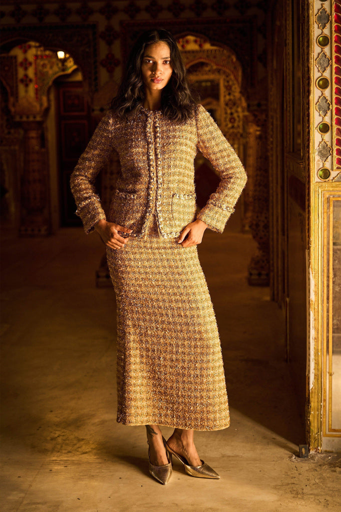 GOLD BOUCLÉ JACKET AND SKIRT - dash and dot dash and dot