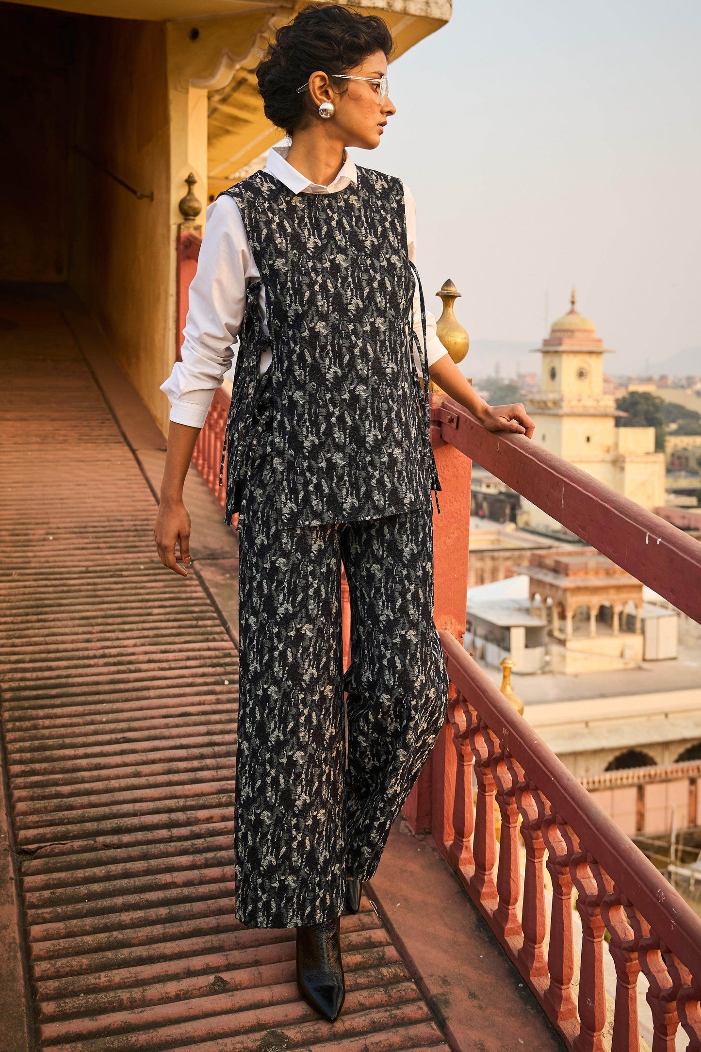 DENIM JACQUARD OVERLAY AND PANT SET - dash and dot