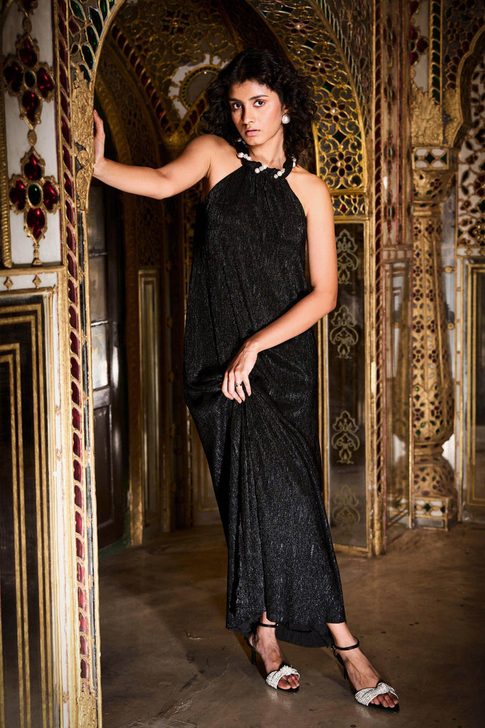 PLEATED PEARL NECK DRESS - dash and dot dash and dot