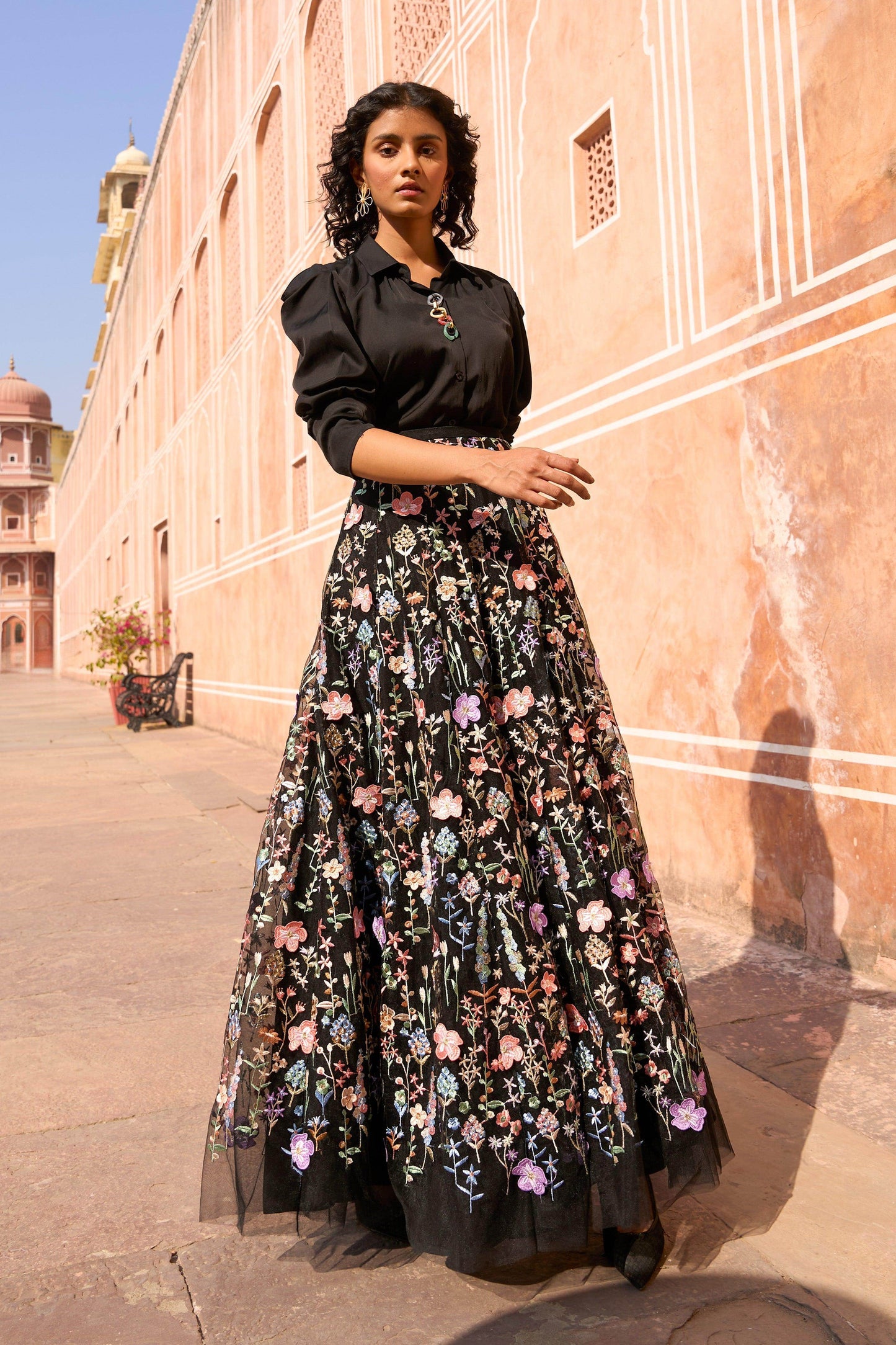 3D FLORAL MAXI SKIRT AND CHAIN NECK SHIRT - dash and dot