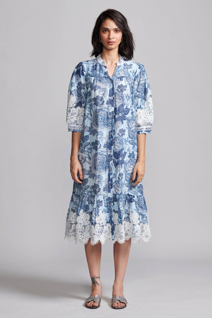 BLUE FLORAL LINEN MIDI - dash and dot dash and dot