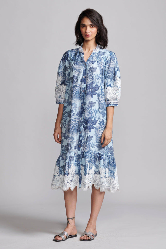 BLUE FLORAL LINEN MIDI - dash and dot dash and dot
