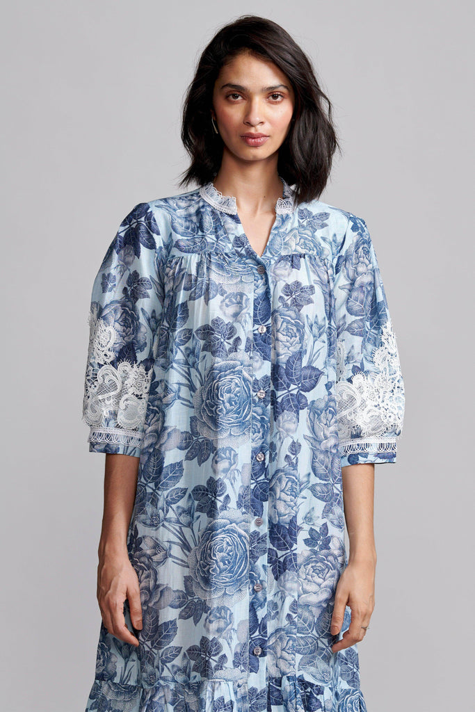 BLUE FLORAL LINEN MIDI - dash and dot dash and dot