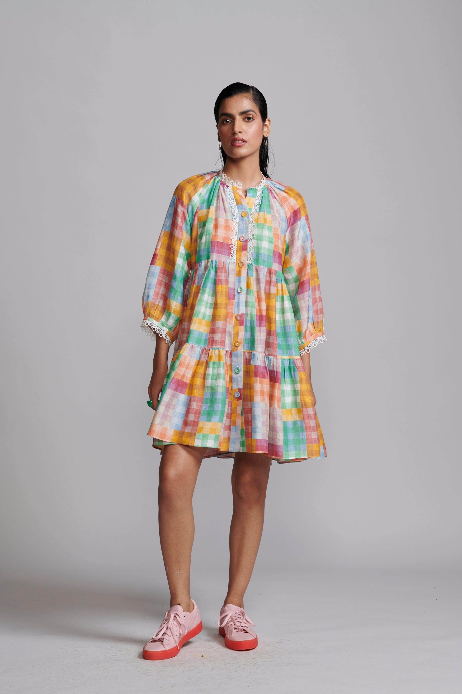 MULTICOLOUR CHECK TIERED MIDI DRESS - dash and dot