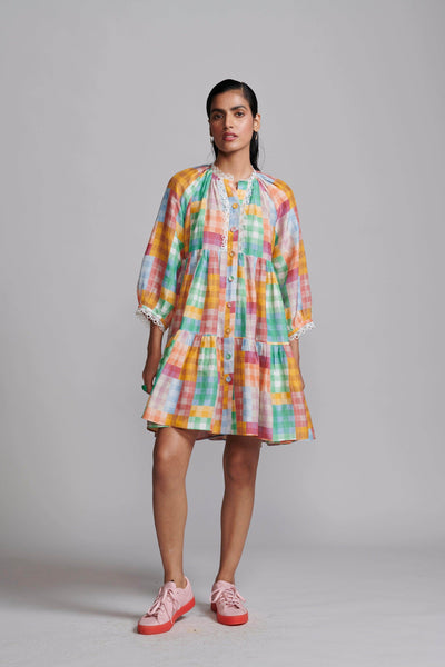 MULTICOLOUR CHECK TIERED MIDI DRESS - dash and dot