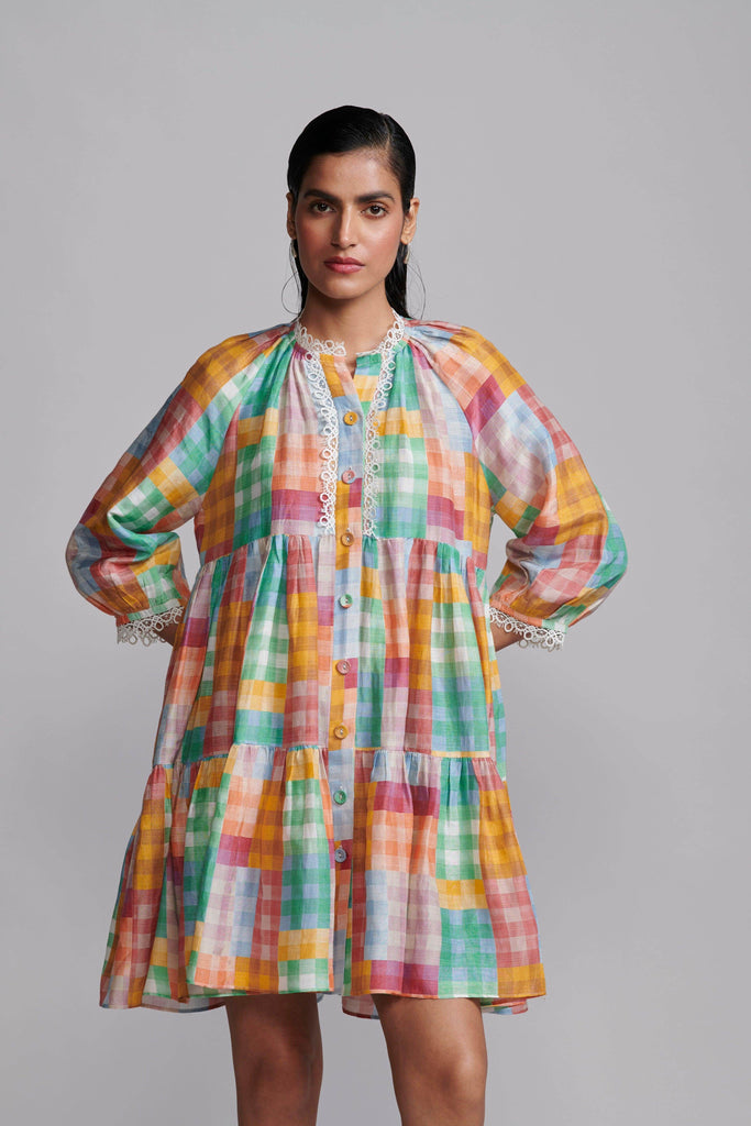 MULTICOLOUR CHECK TIERED MIDI DRESS - dash and dot dash and dot