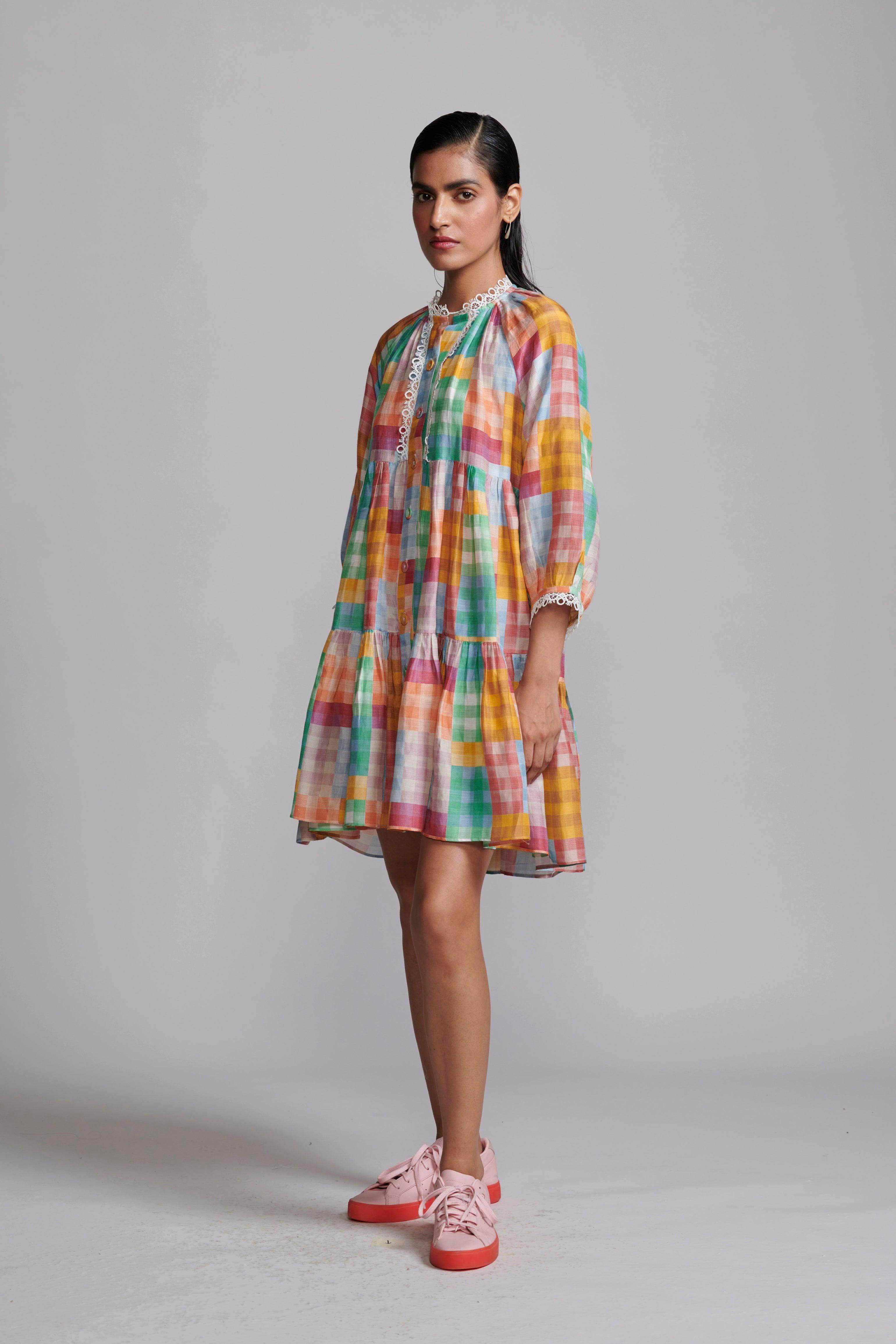 MULTICOLOUR CHECK TIERED MIDI DRESS – dash and dot