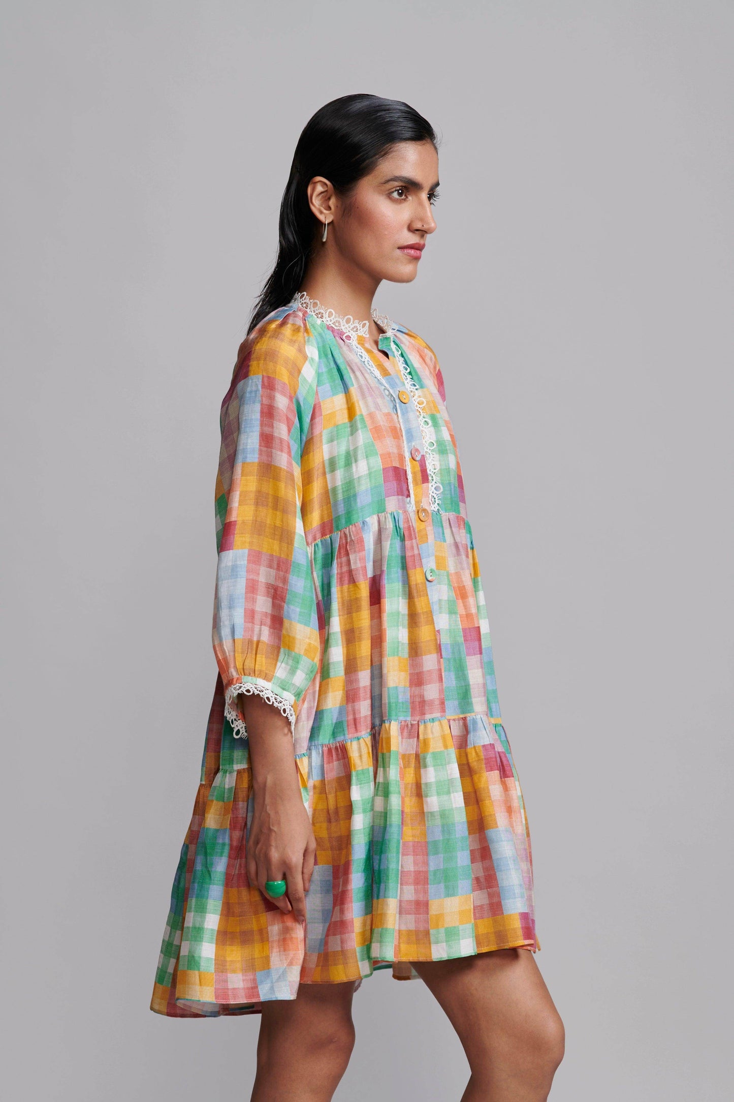 MULTICOLOUR CHECK TIERED MIDI DRESS - dash and dot