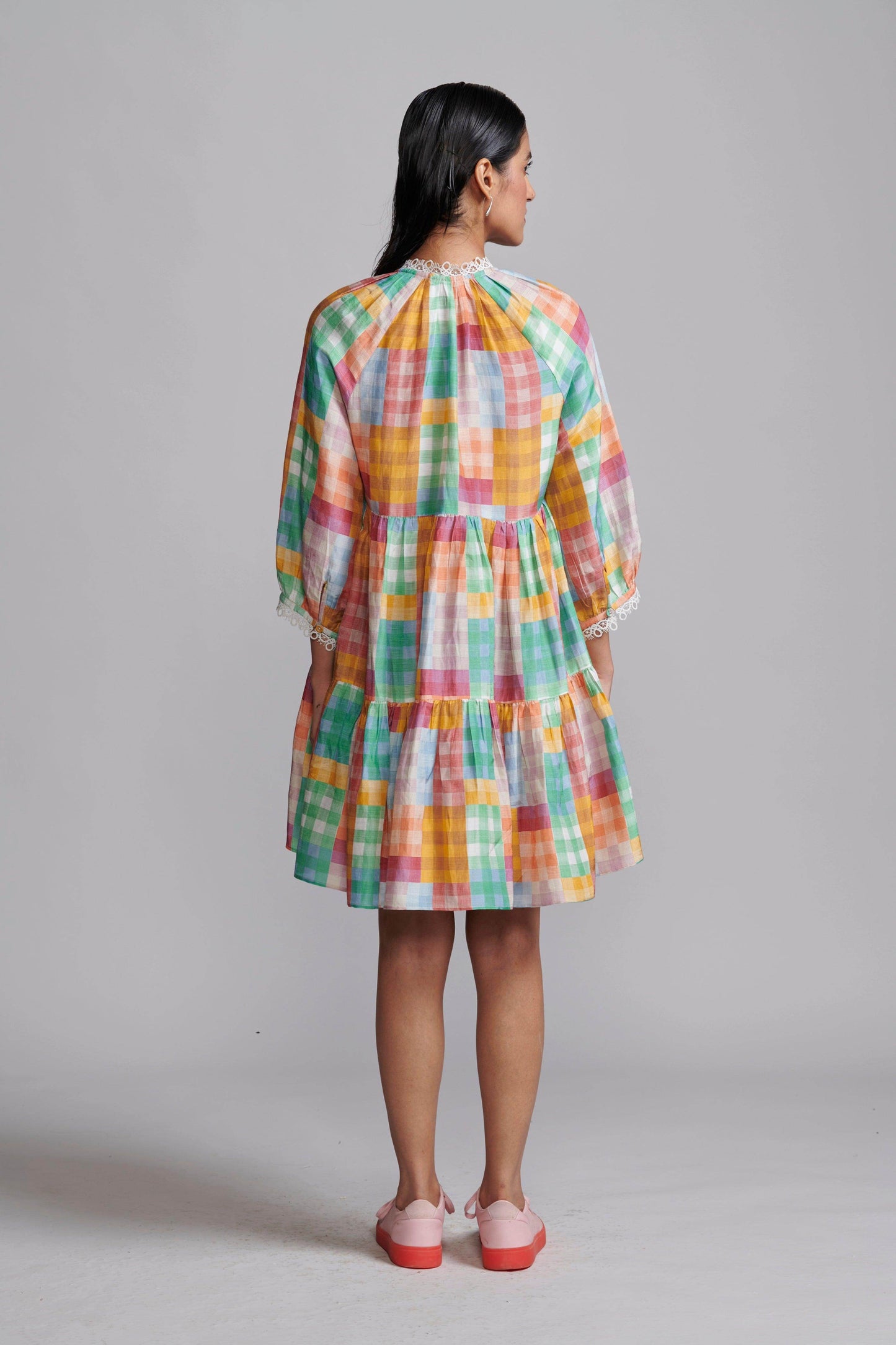 MULTICOLOUR CHECK TIERED MIDI DRESS - dash and dot