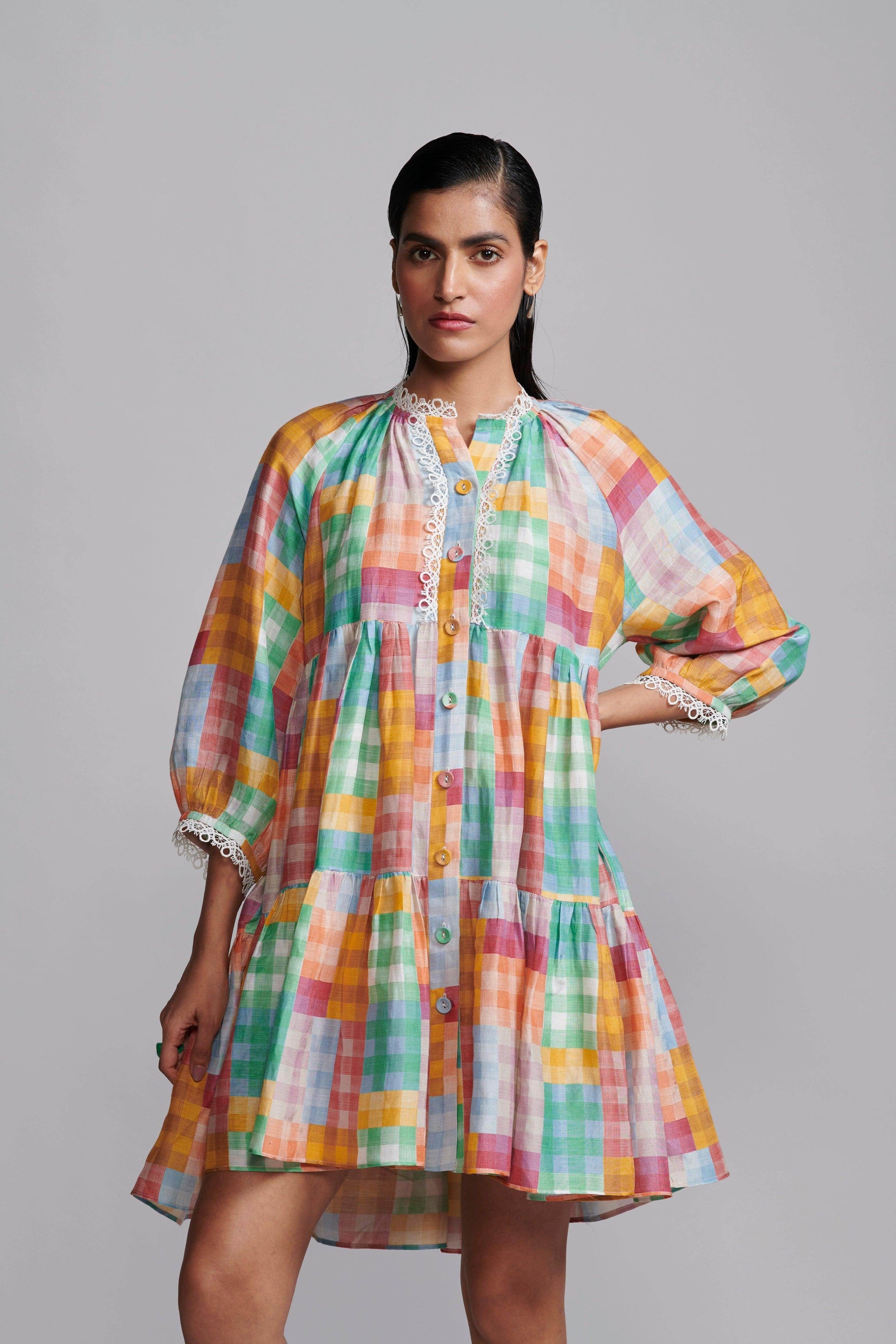 MULTICOLOUR CHECK TIERED MIDI DRESS - dash and dot