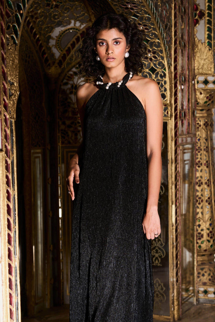 PLEATED PEARL NECK DRESS - dash and dot dash and dot