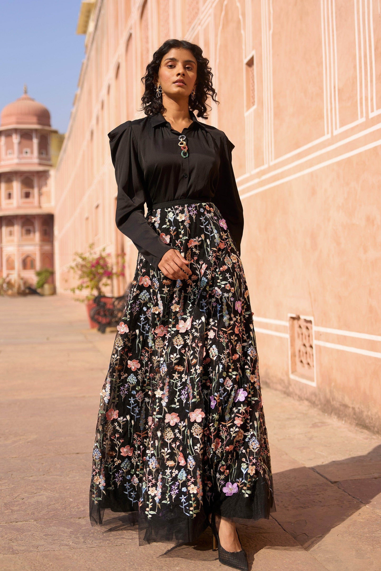 3D FLORAL MAXI SKIRT AND CHAIN NECK SHIRT - dash and dot