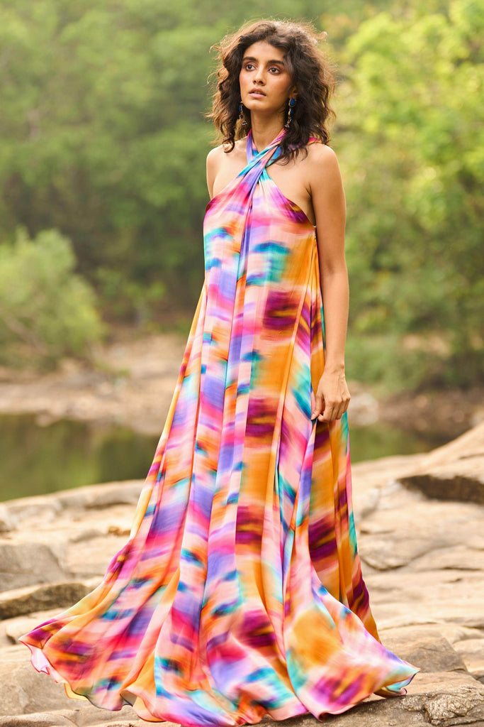 PRINTED HALTER FLARED DRESS - dash and dot dash and dot