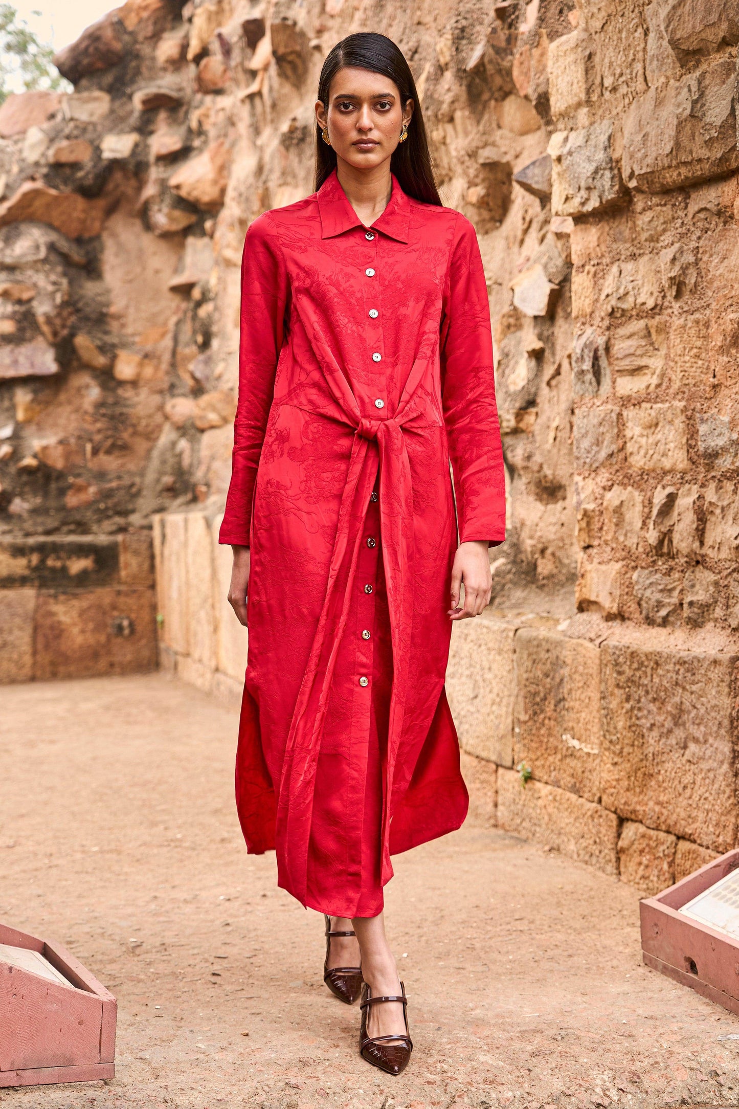 RED JACQUARD SHIRT DRESS - dash and dot