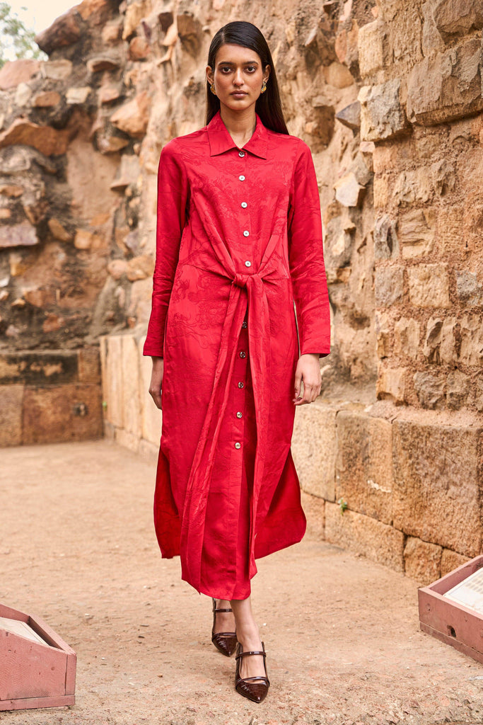 RED JACQUARD SHIRT DRESS - dash and dot dash and dot