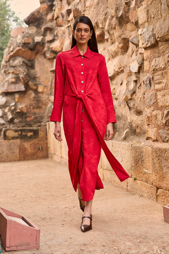 RED JACQUARD SHIRT DRESS - dash and dot dash and dot