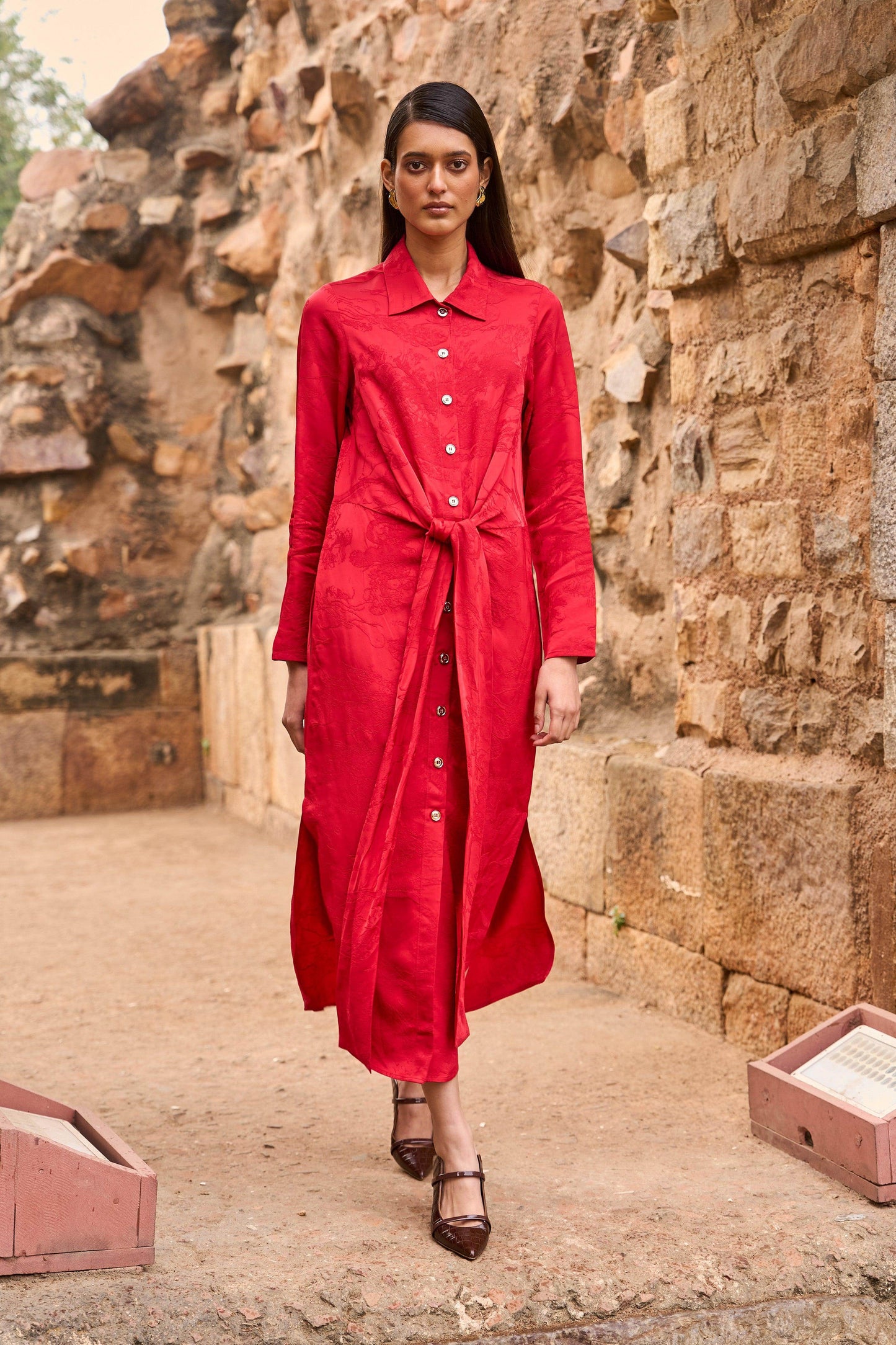 RED JACQUARD SHIRT DRESS - dash and dot