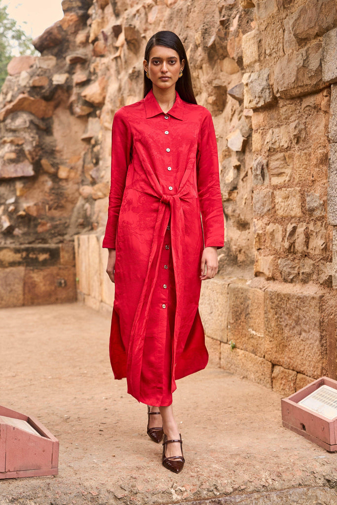 RED JACQUARD SHIRT DRESS - dash and dot dash and dot