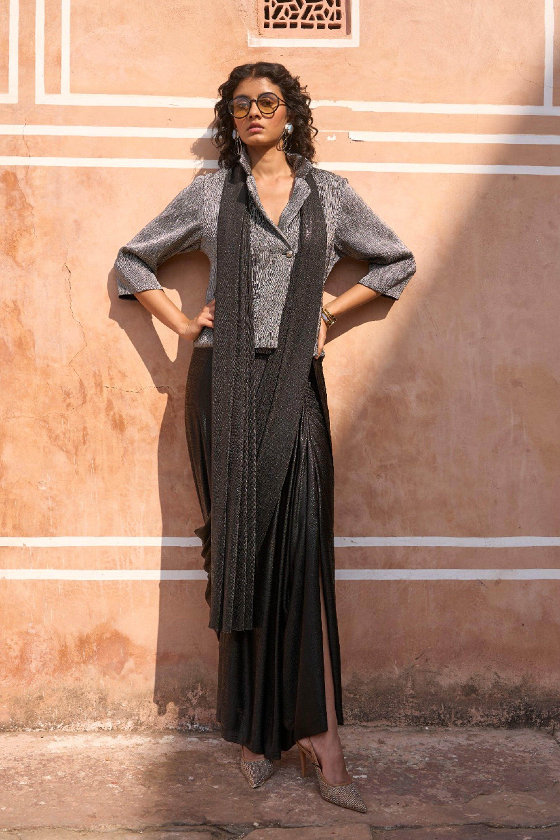 PLEATED METALLIC BLAZER TOP AND BLACK SARI DRAPE SKIRT - dash and dot