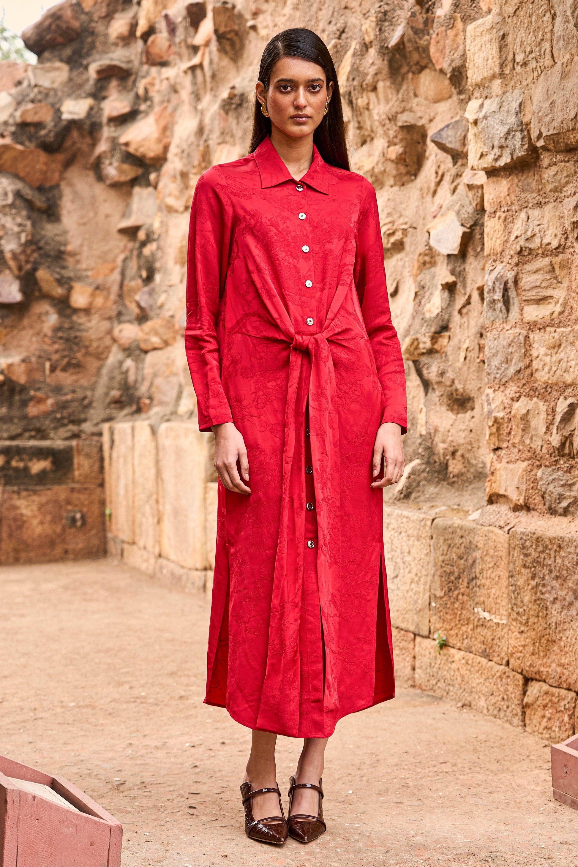 RED JACQUARD SHIRT DRESS - dash and dot