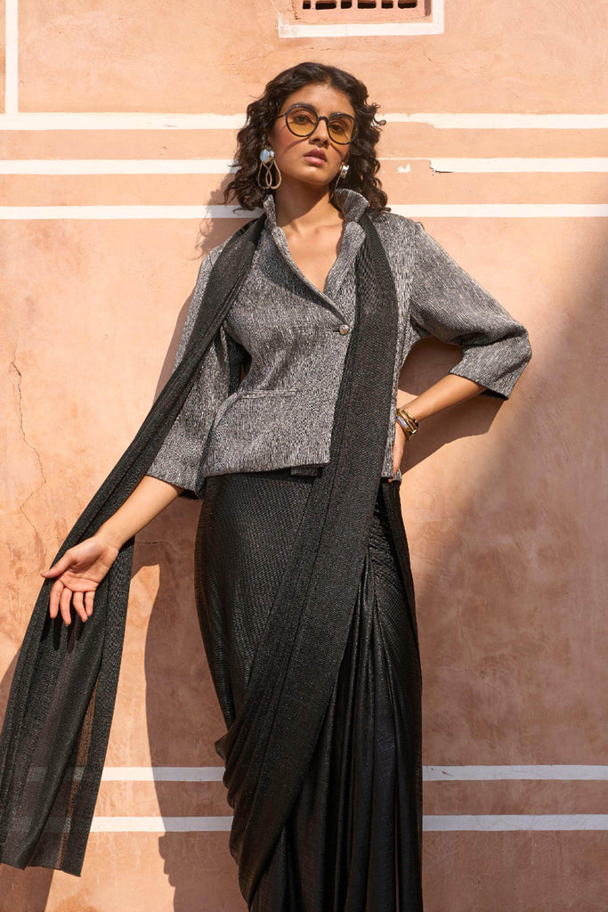 PLEATED METALLIC BLAZER TOP AND BLACK SARI DRAPE SKIRT - dash and dot dash and dot