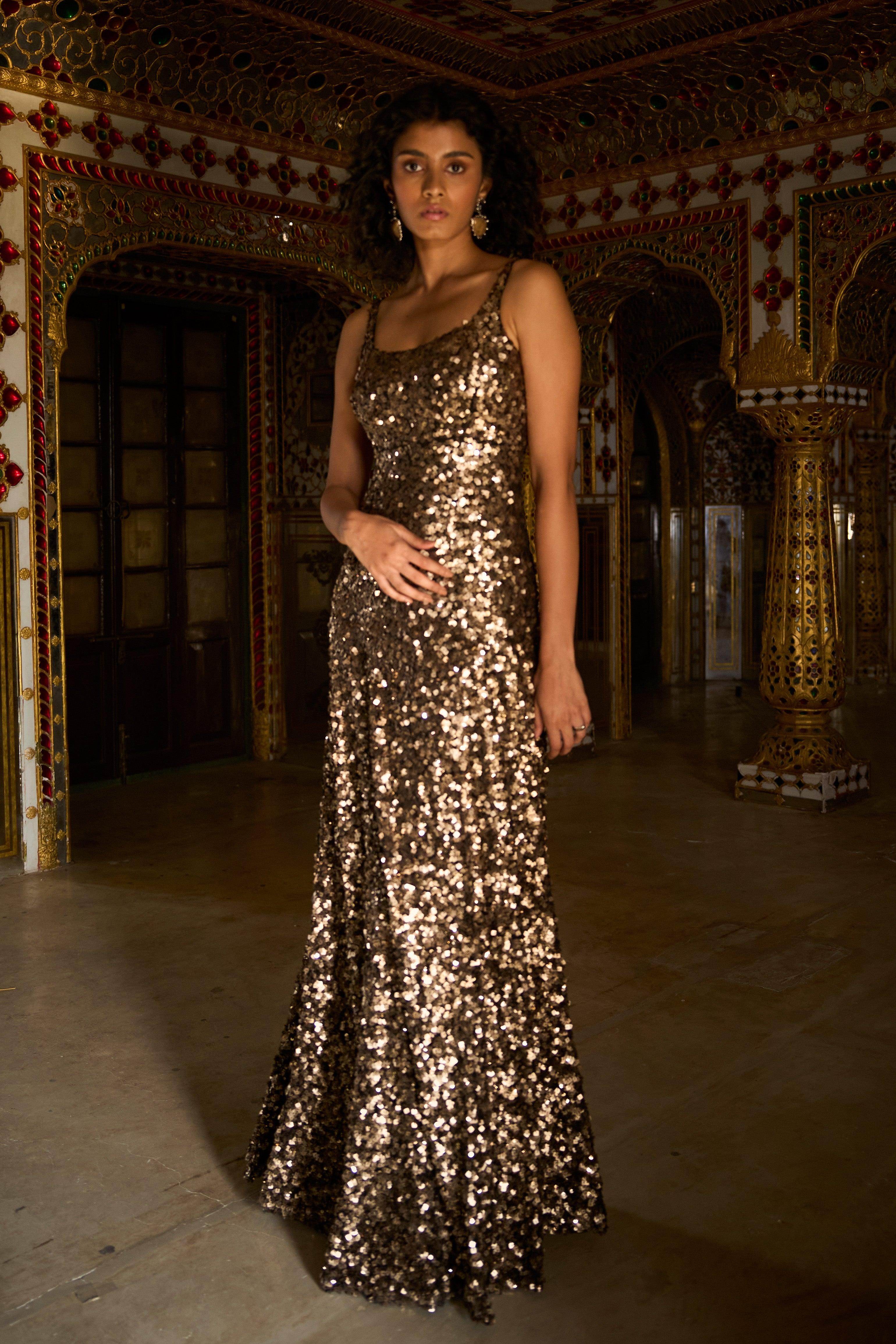 slim fit dress slacks Deep V Neck Gold Sequin Long Evening Prom Dresses, Spaghetti Straps A- –  MarryLover main image 0