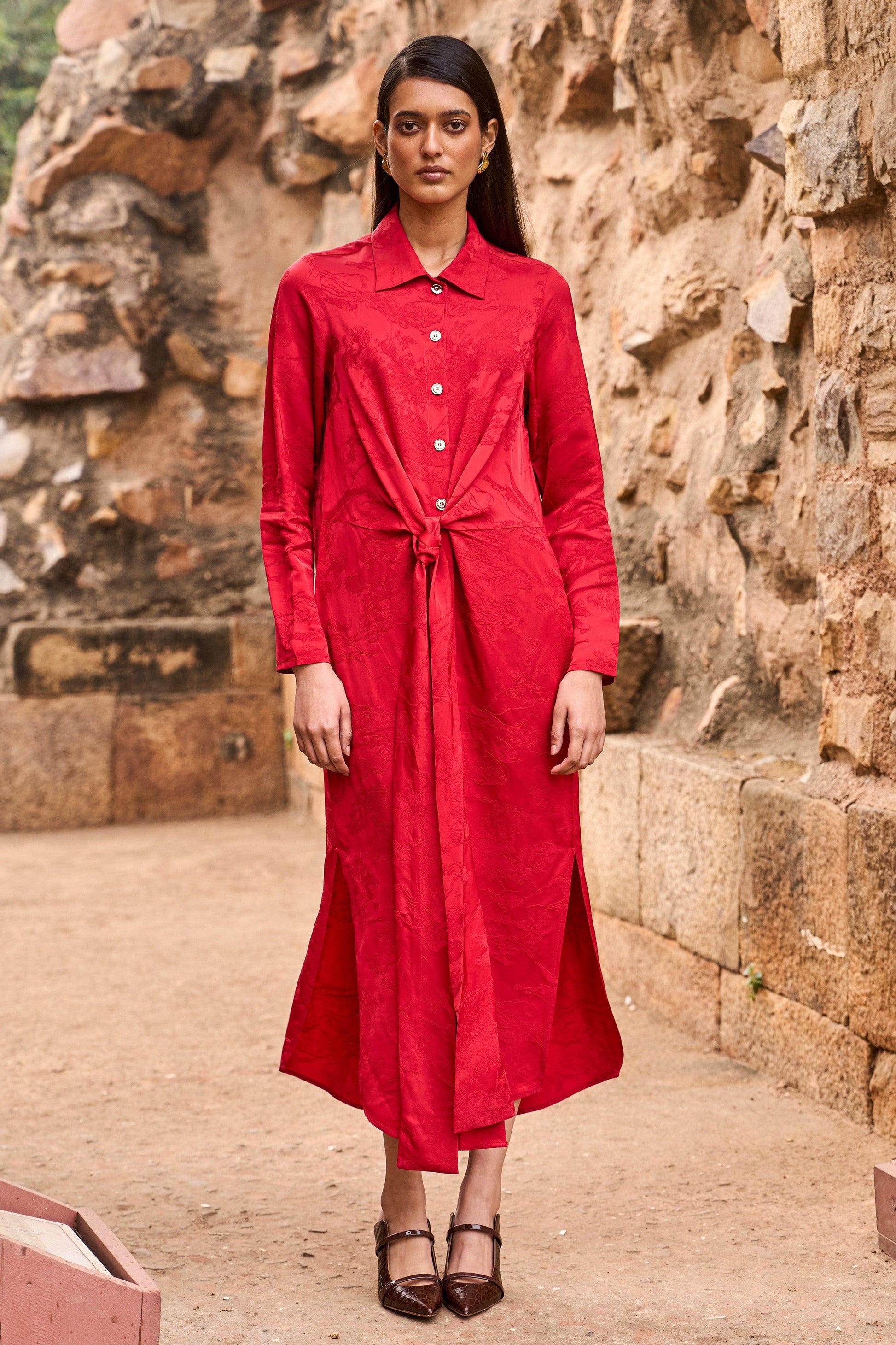 RED JACQUARD SHIRT DRESS - dash and dot