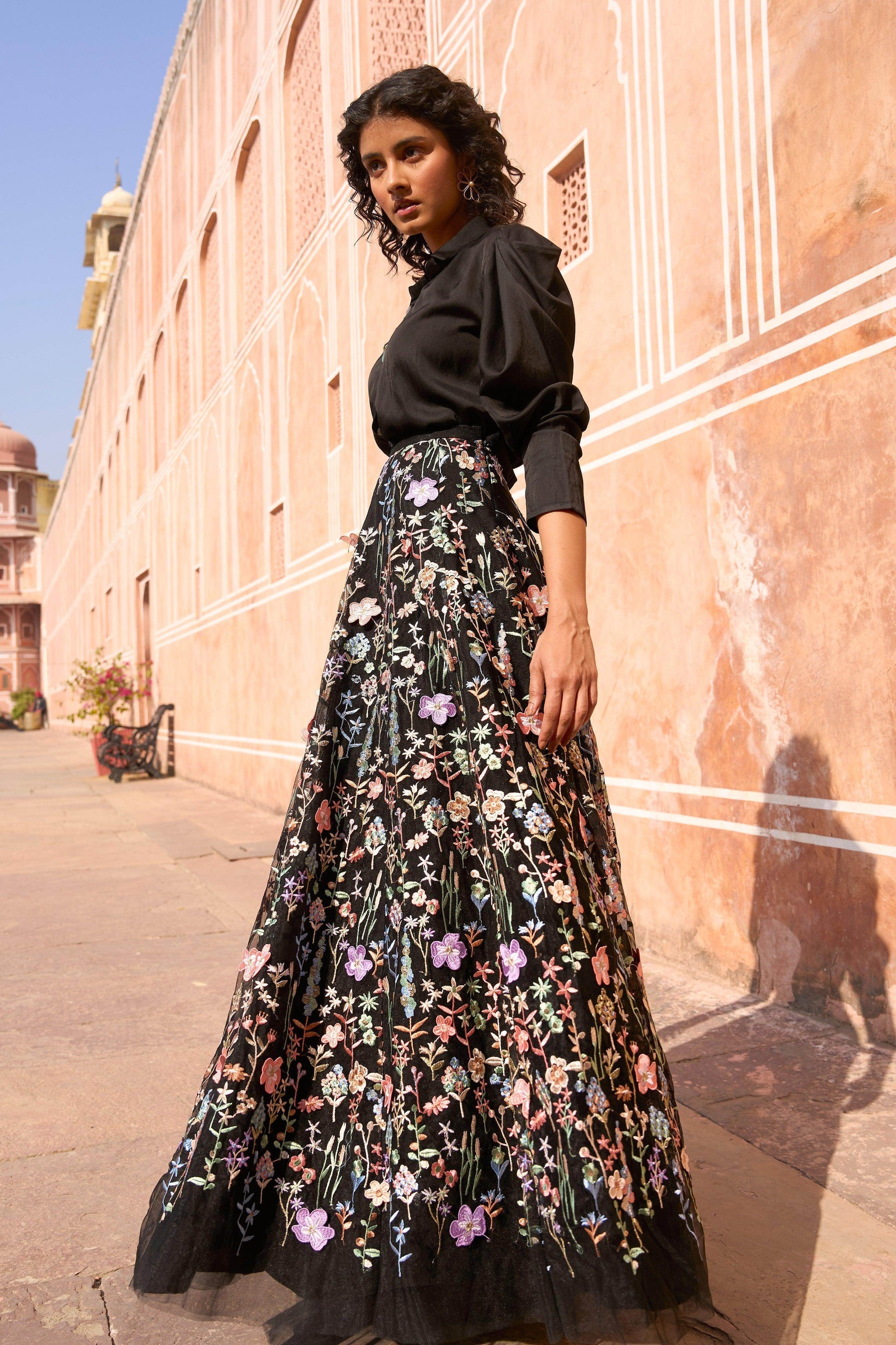 3D FLORAL MAXI SKIRT AND CHAIN NECK SHIRT - dash and dot